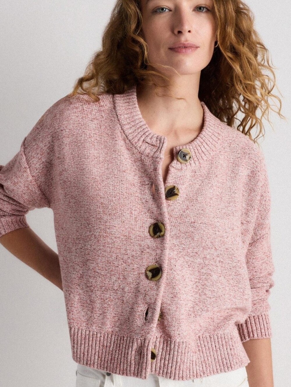 Quince Organic Cotton Cropped Cardigan Sweater XS Pink Marl Chunky